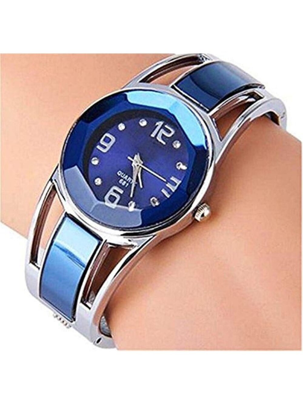 Women's Blue Quartz with Rhinestone Round Dial Stainless Steel Band Cuff Watch - Picture 5 of 7